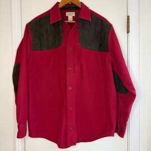 L.L. Bean Mens Chamois Cloth Shirt L Hunting Shooting Red Brown Patches